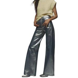 Joe's Jeans Mia Foil High-Rise Wide-Leg Jeans, Party Indigo, Metallic, Size 26